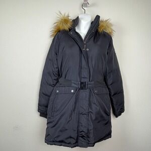 Brooks Brothers Women's Sz M Black Down Puffer Coat Belted Hooded Faux Fur